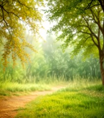 Poster - A tranquil forest path, lined with trees and lush greenery, leads the viewer's eye deeper into the serene woodland