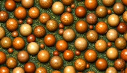 Aufkleber - A close-up of numerous wooden spheres of various shades of brown arranged in a grid-like pattern on a green background