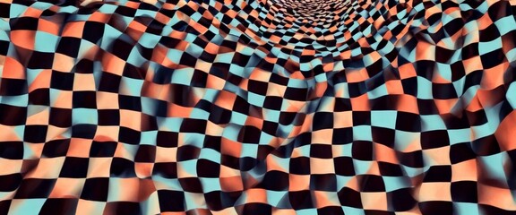 Poster - a vibrant, abstract pattern composed of overlapping checkerboard squares in a variety of warm colors, including shades of orange, pink, and blue, creating a visually