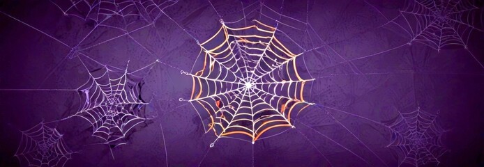 Poster - A close-up view spider web with intricate patterns against a dark purple background