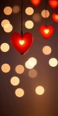 Fototapete - Red heart-shaped lights with glowing centers are suspended against a dark background, creating a warm and romantic atmosphere