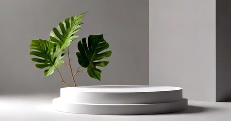 Poster - A minimalist white pedestal with a plant on top, set against a gray background