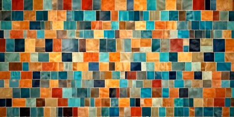 Aufkleber - a close-up view wall covered in square tiles in various shades of blue, green, orange, and brown, arranged in a grid-like pattern
