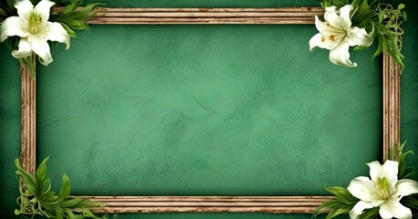 Poster - A wooden frame with white lilies and green leaves surrounds a textured green background