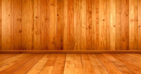 Poster - A wooden wall with vertical planks and a wooden floor in the foreground