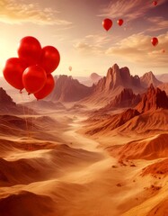 Aufkleber - Red balloons float over a desert landscape with mountains in the background