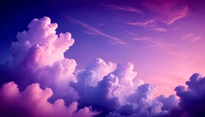 Poster - A breathtaking view sky filled with fluffy white clouds, transitioning from a deep purple to a lighter pink hue, creating a serene and dreamy atmosphere