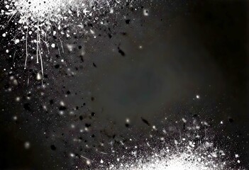 Poster - A black and white abstract featuring a central dark area surrounded by scattered white and gray particles, resembling a snowstorm or a burst of particles