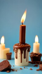 Poster - A chocolate-dipped cupcake with a lit candle sits on a blue background, surrounded by additional chocolate pieces