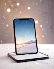Poster - A smartphone with a snowy landscape displayed on its screen, set against a blurred background of falling snowflakes