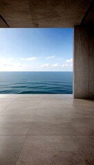 Poster - A minimalist concrete structure with a large window frames a serene view of the ocean, with a clear blue sky and scattered clouds above