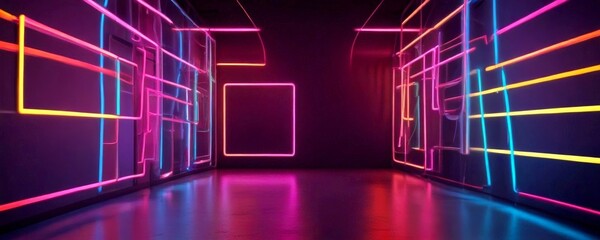 Fototapete - A long, dimly lit corridor with neon-colored pipes and a rectangular frame on the left side, creating a futuristic and abstract atmosphere