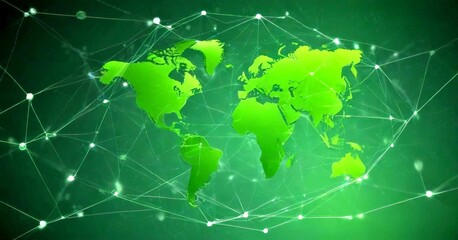 Leinwandbilder - A stylized world map with green continents and white lines representing a network of interconnected nodes, set against a dark green background