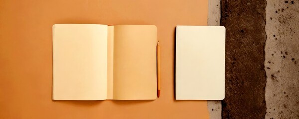 Leinwandbilder - Two blank notebooks and a pencil are placed on a beige background, with a concrete wall in the background