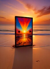 Leinwandbilder - A rectangular wooden frame with a vibrant sunset scene is placed on a sandy beach, casting a long shadow on the sand