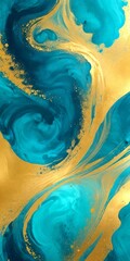 Aufkleber - a swirling pattern of turquoise and gold colors, with splashes of gold and turquoise throughout, creating a dynamic and abstract visual effect