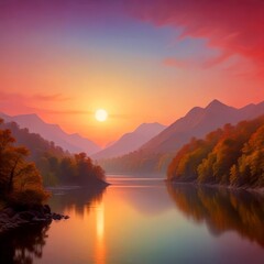 Aufkleber - A breathtaking sunset paints the sky with hues of orange and pink, casting a warm glow over a serene lake surrounded by mountains The sun is partially obscured by the