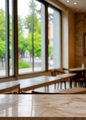 Poster - A marble countertop with a blurred view restaurant through large windows