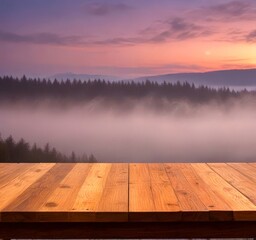 Poster - A wooden deck overlooks a misty lake, with a forested mountain range in the distance under a vibrant sunset sky