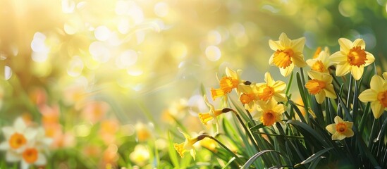 Canvas Print - Happy Spring Scene Flower Bed Yellow Isolated Closeup Of Daffodil Groupe In Prestine Garden Environment