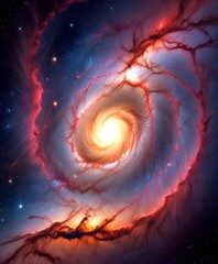 Poster - a spiral galaxy with a bright central core surrounded by swirling clouds of gas and dust, set against a backdrop of stars and cosmic radiation