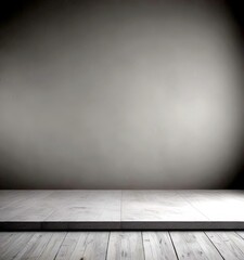 Poster - A minimalist gray wall and a wooden floor with a flat surface in the foreground