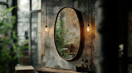 Dark western-inspired mirror scene with rustic tones for interior decor prints