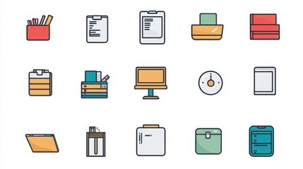 Wall Mural - Office thin line icon set. such as office chair, desk, computer, printer, telephone, filing cabinet, notepad, clipboard