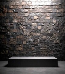 Aufkleber - A dark, rectangular platform sits in a dimly lit room, with a dark, textured wall behind it