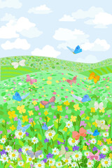 cloudy field scenery with green hills. rural landscape with blooming daisy flowers and flying butterflies