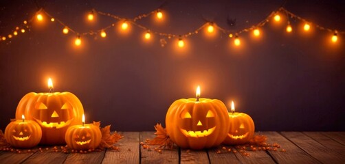 Aufkleber - Halloween pumpkins with carved faces and lit candles are arranged on a wooden table, with a string of lights and a dark background