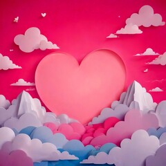 Poster - A pink heart-shaped cutout is centered against a pink background, surrounded by white clouds and a light blue sky with fluffy white clouds