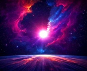 Leinwandbilder - a vibrant cosmic scene with a bright sun shining through a swirling cloud of colorful cosmic dust, set against a backdrop distant planet and a starry night sky