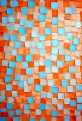 Fototapete - a mosaic pattern composed of small square tiles in various shades of blue and orange, arranged in a grid-like pattern