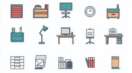 Wall Mural - Office thin line icon set. such as office chair, desk, computer, printer, telephone, filing cabinet, notepad, clipboard