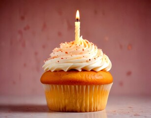 Poster - A cupcake with a single lit candle sits on a reflective surface, its white frosting and red sprinkles creating a visually appealing contrast against the pinkish-hued background