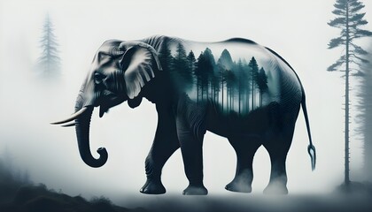 Wall Mural - Mysterious double exposure of an elephant silhouette merged with a foggy forest, evoking artistic enchantment and intrigue