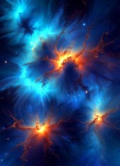 Poster - a vibrant cosmic scene, featuring swirling nebulae in shades of blue, orange, and yellow, with stars scattered throughout the dark background