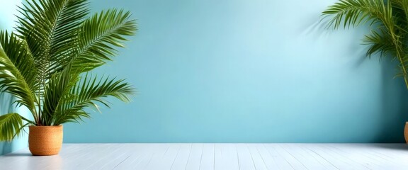 Poster - Two potted palm plants stand against a light blue wall, with a wooden floor in the foreground