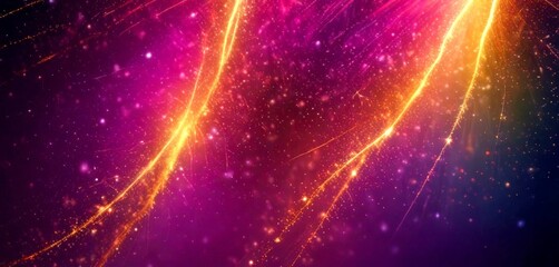 Poster - a vibrant, abstract scene of colorful lights and particles, with a gradient of purple, orange, and yellow hues The background is dark, creating a contrast that highlights