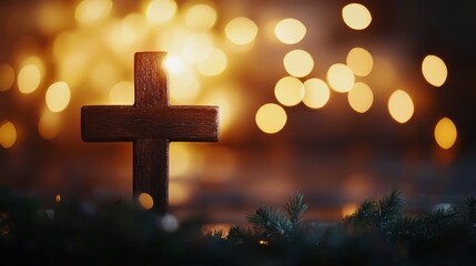 Wooden cross silhouette with blurred golden lights in the background.