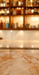 Poster - A close-up marble countertop with a blurred background bar shelf with various bottles