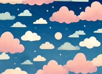 Poster - A serene night sky with fluffy white clouds and a full moon, set against a gradient blue background