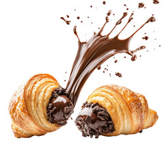 Wall Mural - Delicious chocolate-filled croissants with chocolate splash