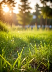 Poster - A serene landscape with a sunlit grassy field, trees, and a warm, golden glow