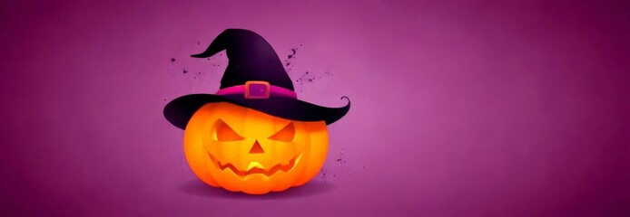 Poster - A jack-o'-lantern wearing a witch's hat with a purple buckle sits against a purple background, with a small black stain on the right side