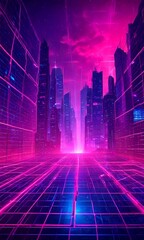 Poster - a futuristic cityscape with towering skyscrapers and a glowing grid-like pattern of neon lights, set against a vibrant purple and pink sky