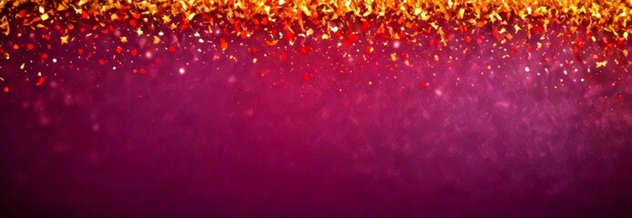 Poster - a dark purple background with a gradient of red and gold confetti falling from the top right corner, creating a festive and celebratory atmosphere
