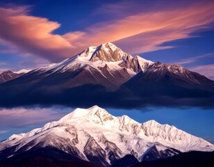 Aufkleber - a majestic mountain range with snow-capped peaks against a vibrant sky, featuring a pink and orange sunset