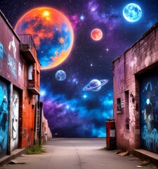 Poster - A surreal urban landscape with a cosmic backdrop featuring planets, moons, and stars, creating a dreamlike atmosphere